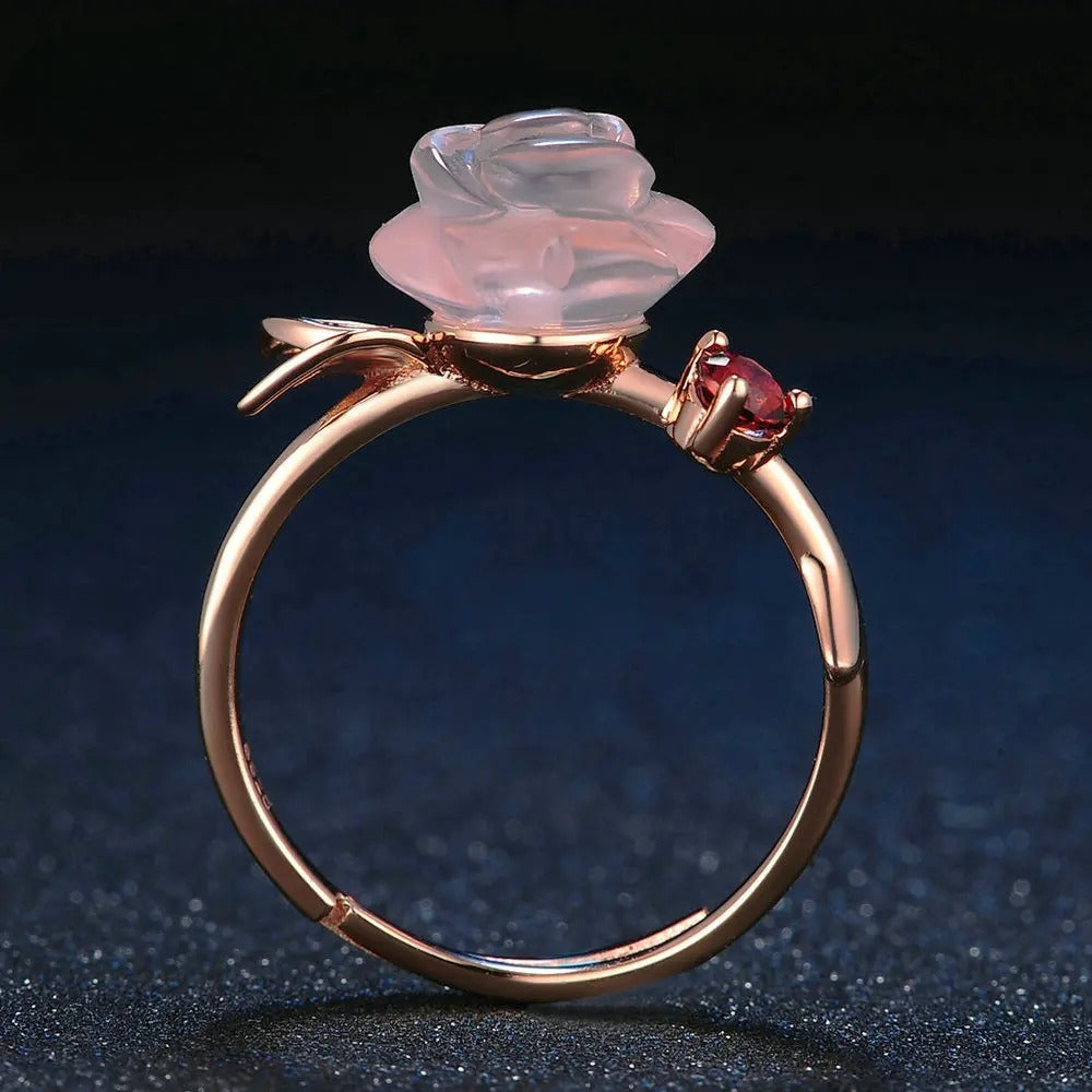 Charming Paw Design Ring with Natural Rose Quartz for Women