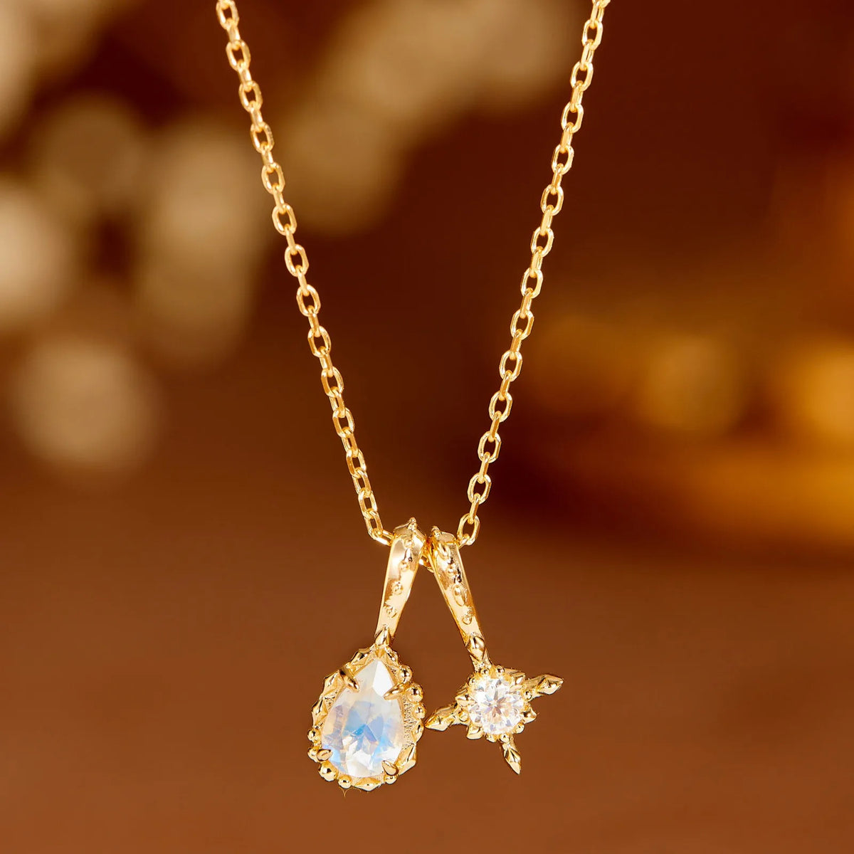 Moonstone teardrop and star pendant necklace in 14K gold plated silver