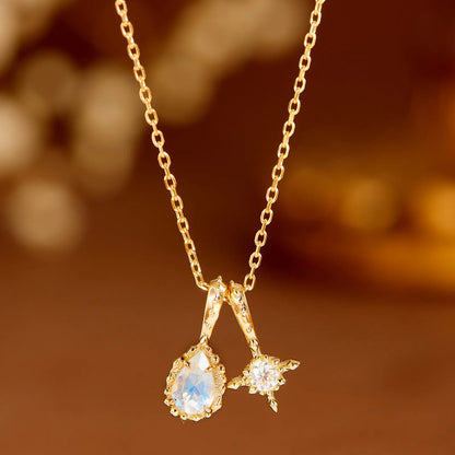Moonstone teardrop and star pendant necklace in 14K gold plated silver