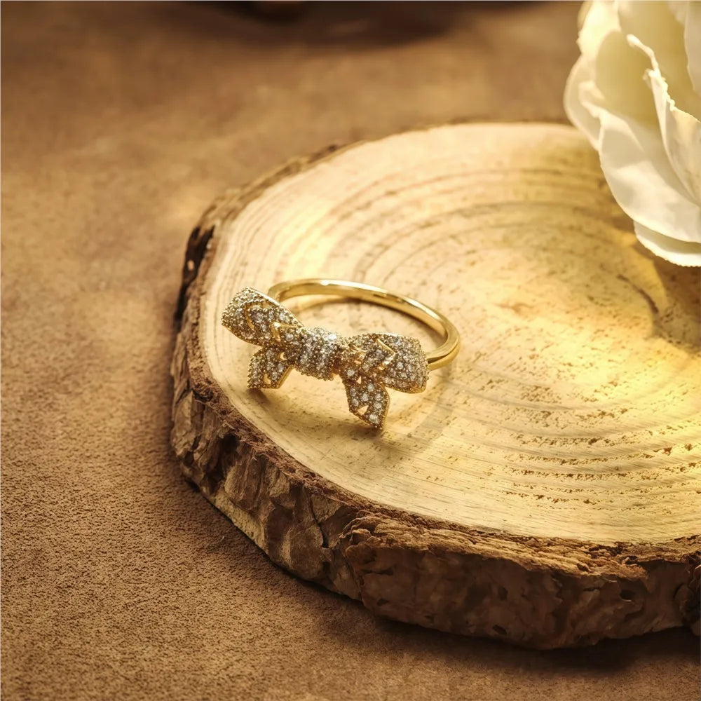 cubic zirconia pavé bow ring in 14K gold plated 925 sterling silver