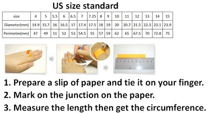 Measurement guide for finger size with US size standard chart, illustrations of hands with paper slips, and a ruler.