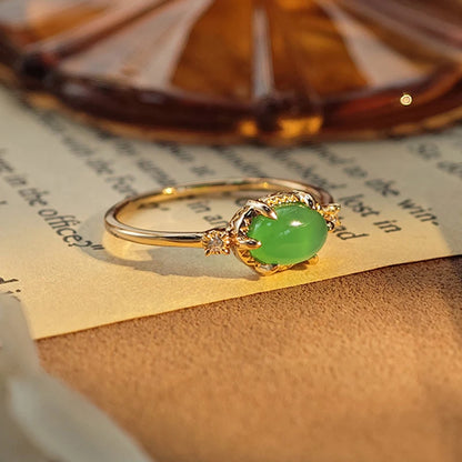 Natural green chalcedony oval ring with gold plated 925 sterling silver setting