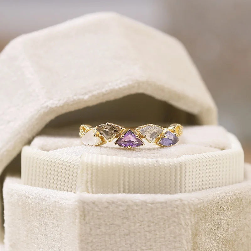 amethyst labradorite and moonstone ring in 14K gold plated sterling silver