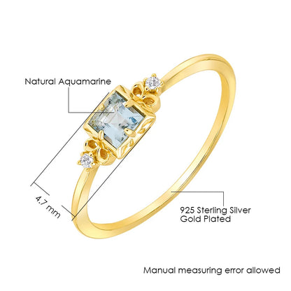 Natural aquamarine square gemstone ring in 14K gold plated 925 silver