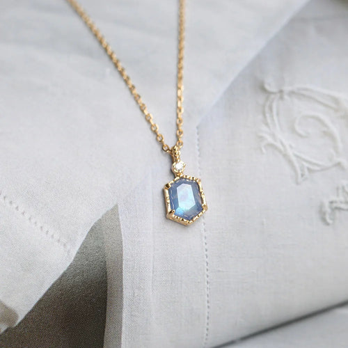 Natural moonstone pendant necklace with blue sapphire accents in 14K gold plated 925 sterling silver