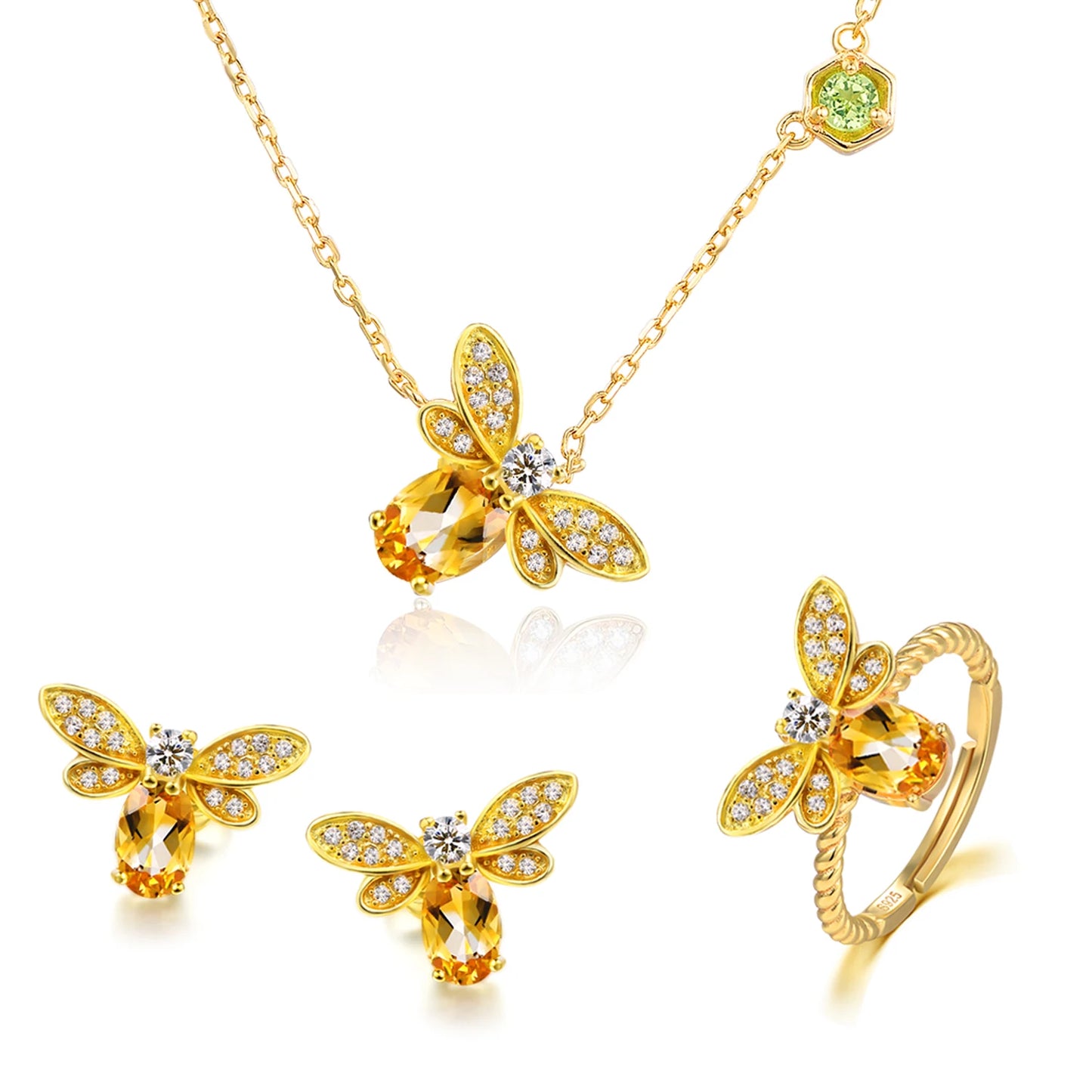 Natural Citrine Jewelry Set with Bee Design in 14K Gold-Plated Silver