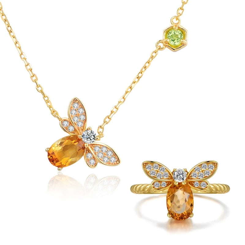 Citrine Bee Ring and Earrings Set for Women in Gold-Plated Sterling Silver