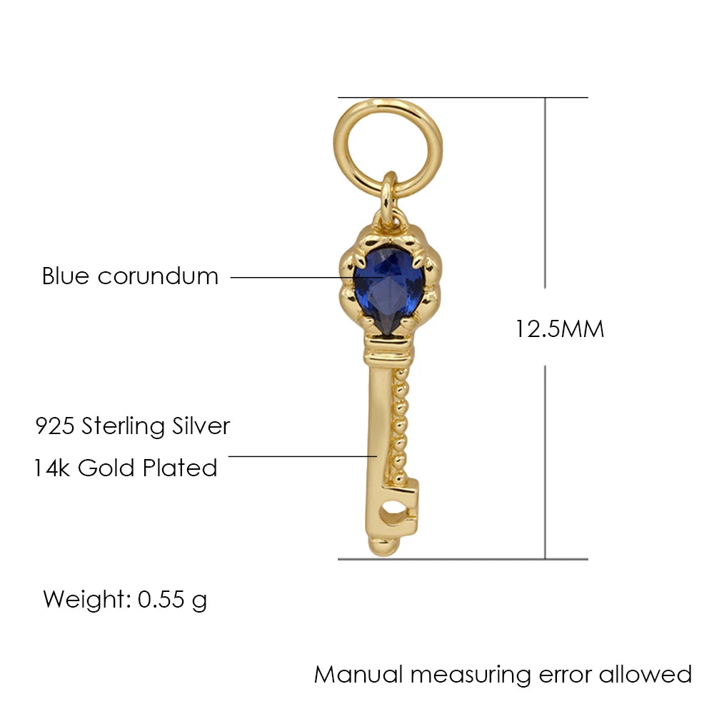Blue corundum key pendant necklace showing pendant and chain dimensions