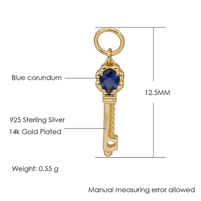 Blue corundum key pendant necklace showing pendant and chain dimensions