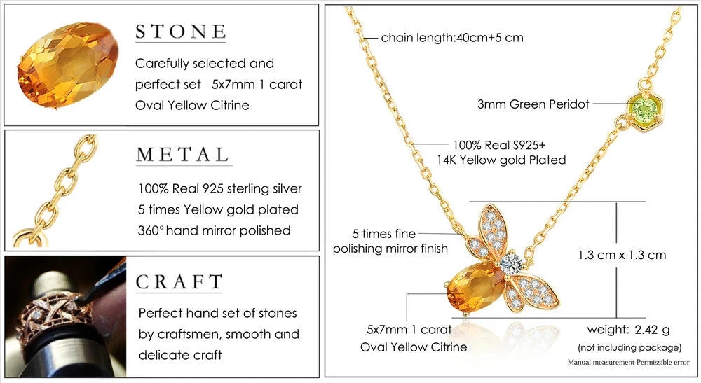 Specifications of Citrine Bee Charm Pendant – Natural Gemstones, 925 Silver, 14K Gold-Plated, Matching Link Chain