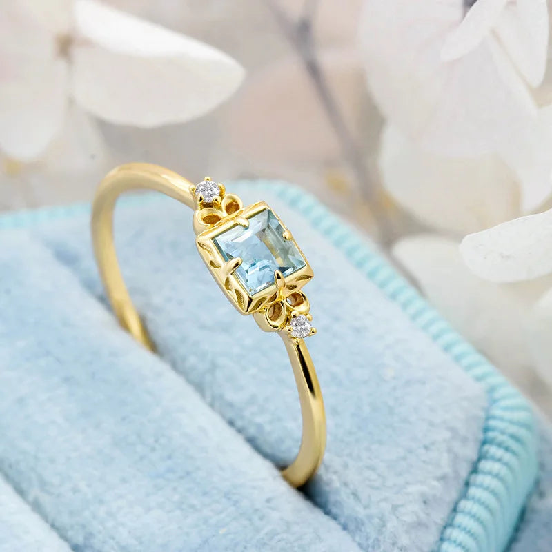 Square aquamarine gemstone ring in gold plated 925 sterling silver