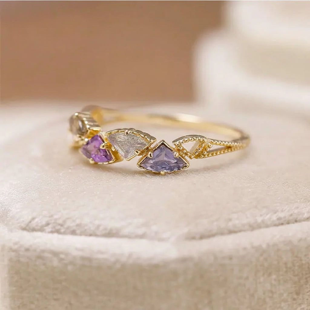 natural multi-stone ring with amethyst labradorite and moonstone in 14K gold plated 925 sterling silver