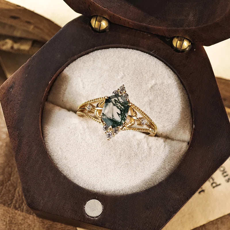 Natural moss agate princess cut ring with zircon accents