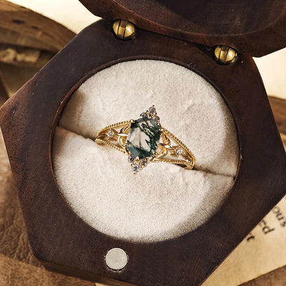 Natural moss agate princess cut ring with zircon accents