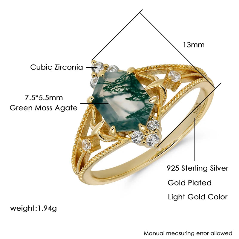 Green moss agate gemstone ring with 925 sterling silver and zircon details