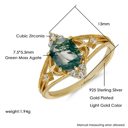 Green moss agate gemstone ring with 925 sterling silver and zircon details