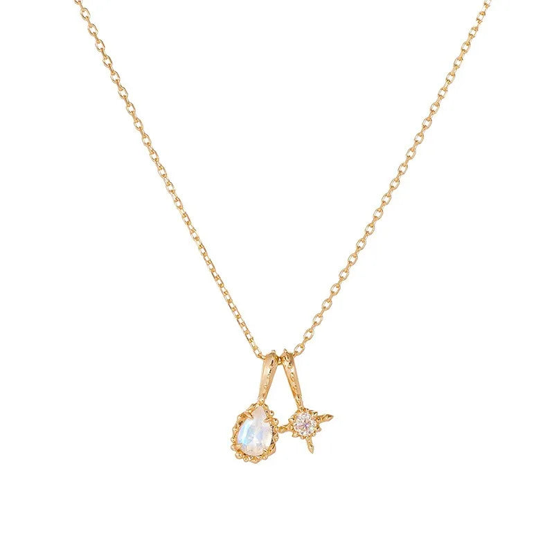 Natural moonstone double pendant necklace on 925 sterling silver chain