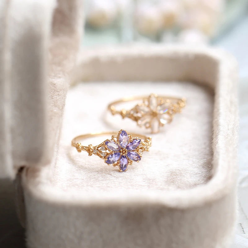 natural moonstone snowflake ring in 14K gold plated 925 sterling silver