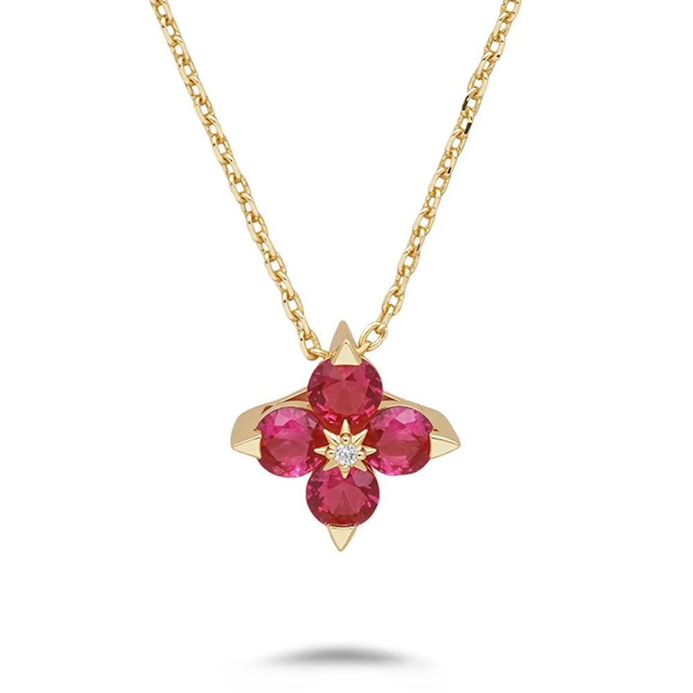 Four-leaf clover ruby pendant necklace in 14K gold plated silver