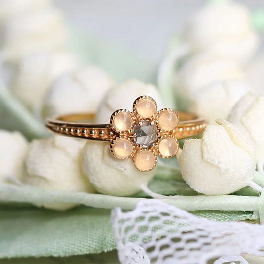 Natural iolite and agate flower ring in 14K gold plated 925 sterling silver
