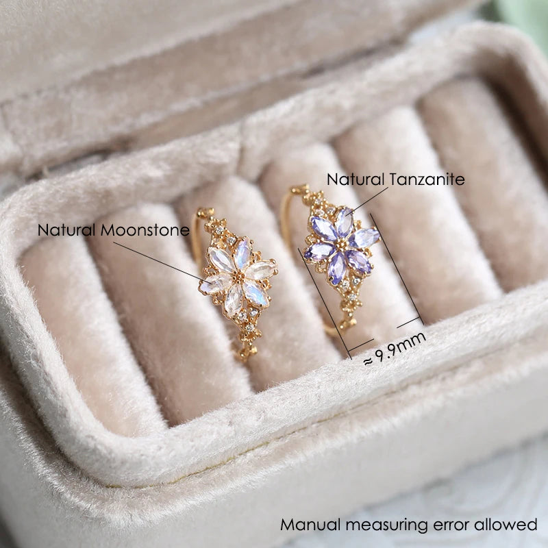 moonstone and tanzanite flower ring with zircon accents