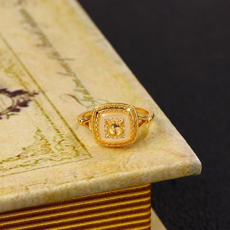 Natural chalcedony square ring in 925 sterling silver with gold vermeil