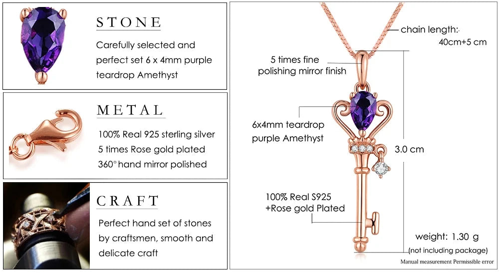 Specifications of Crown Key Pendant – Amethyst, 925 Sterling Silver, Box Chain