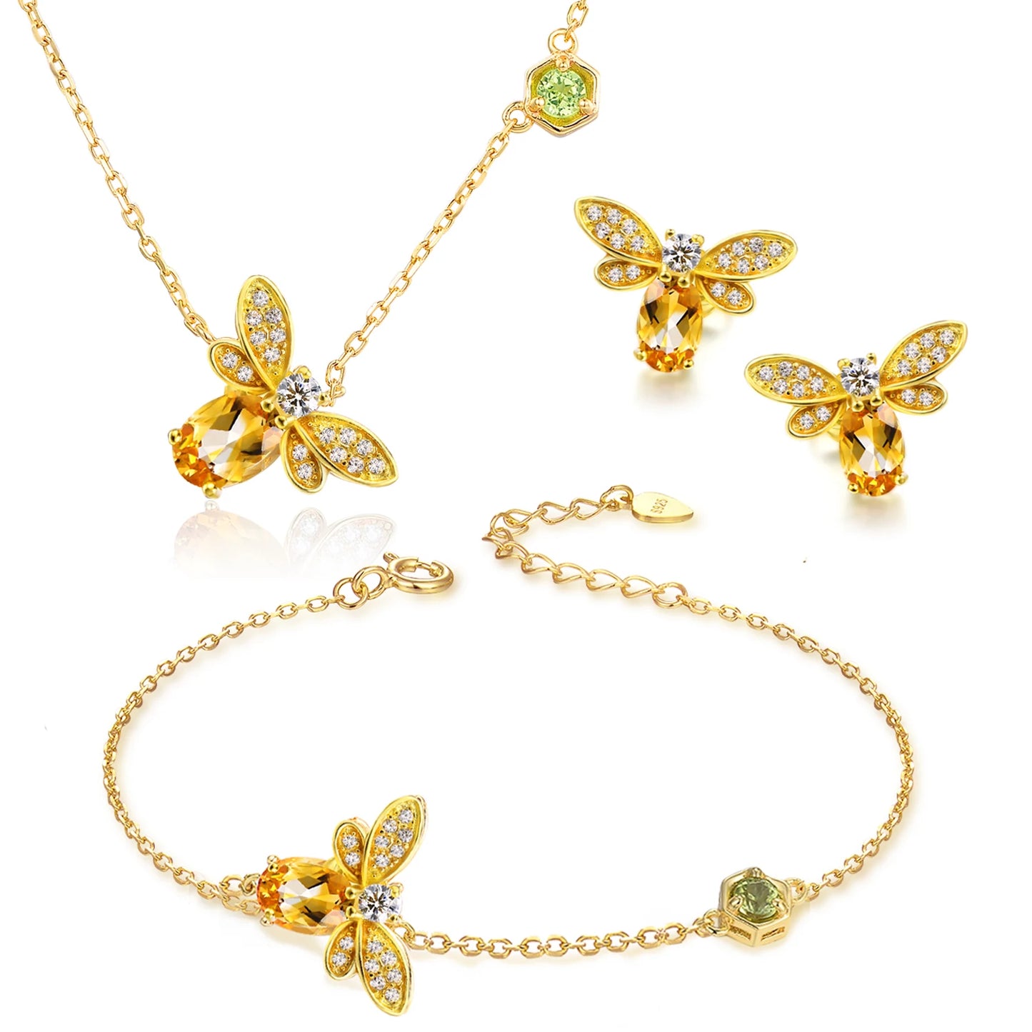 Nature-Inspired Citrine Bee Necklace and Bracelet Set with Matching Accessories