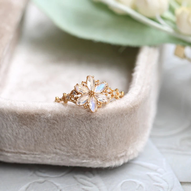 flower shaped moonstone ring in 14K gold plated 925 sterling silver