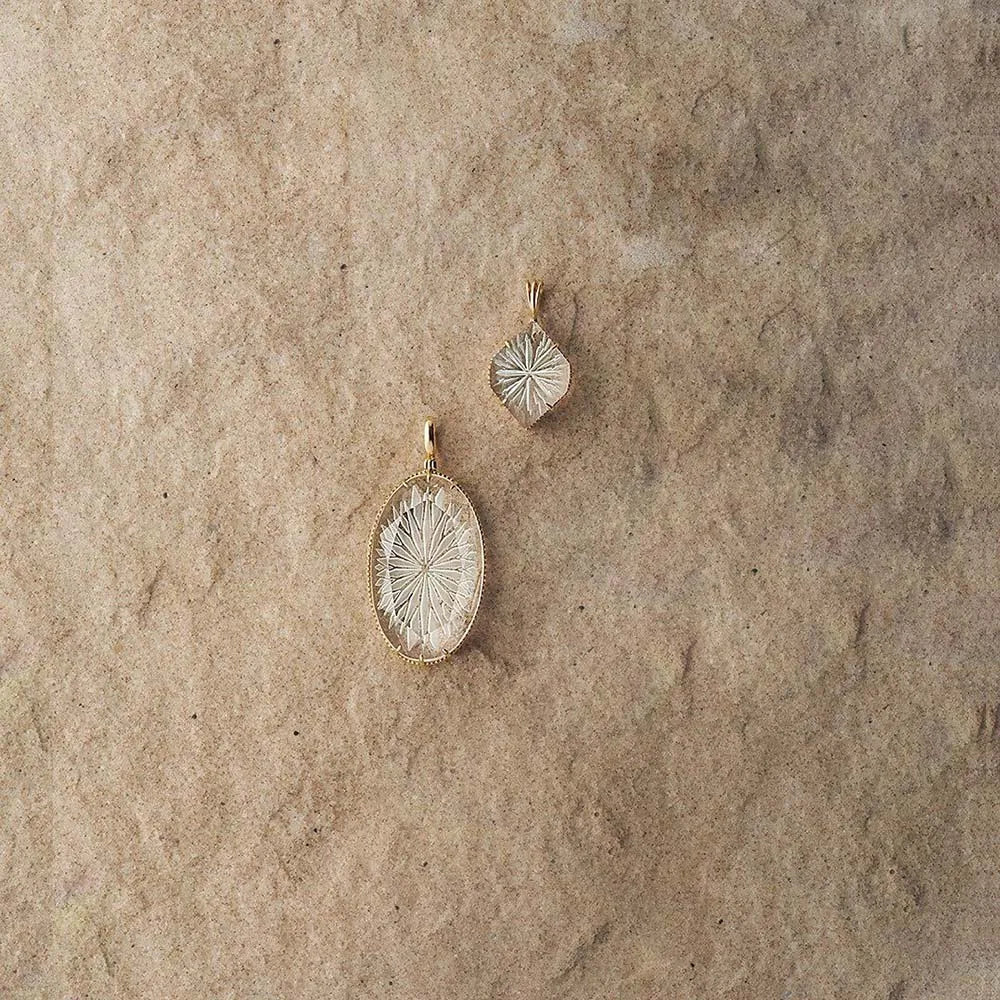 natural white crystal pendant necklace displayed on fabric