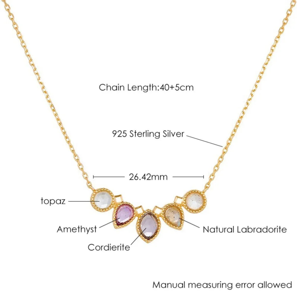 Multi-stone pendant necklace showing chain and gemstone dimensions