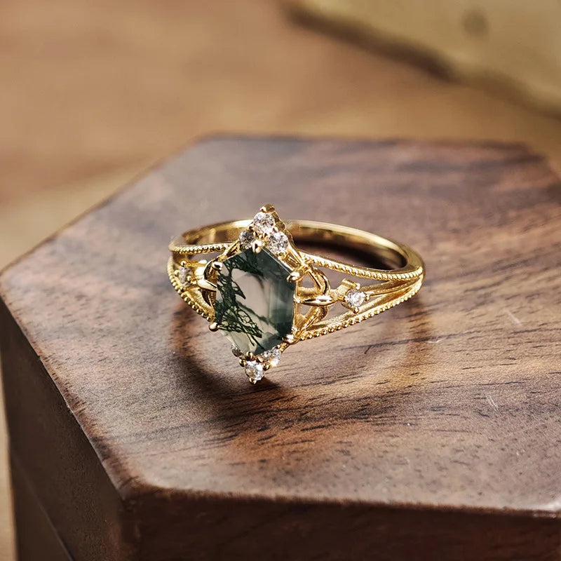 Moss agate ring with green gemstone and gold plated sterling silver setting