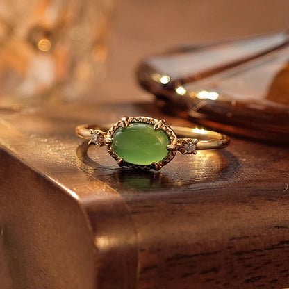 Natural green chalcedony oval ring in 14K gold plated 925 sterling silver