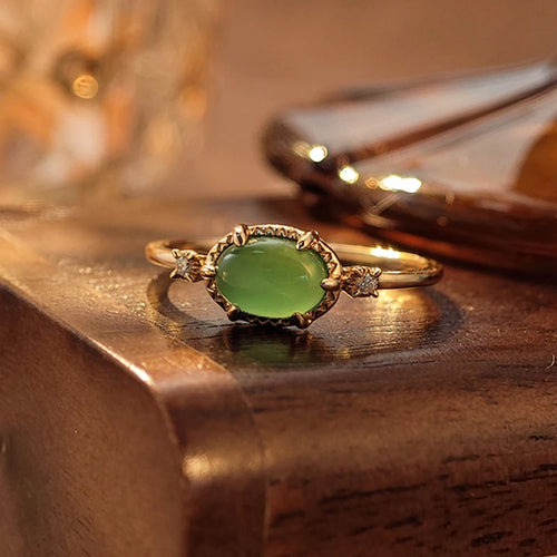 Natural green chalcedony oval ring in 14K gold plated 925 sterling silver