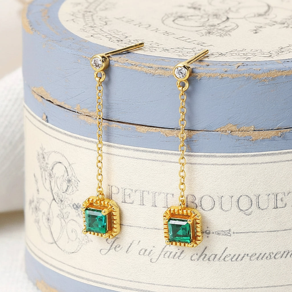 Lab-created emerald drop earrings in 14K gold plated 925 sterling silver