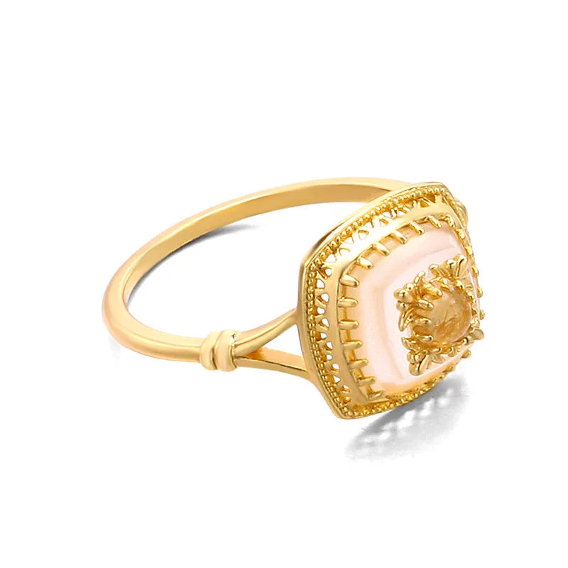Side view of natural chalcedony vintage ring with gold vermeil setting