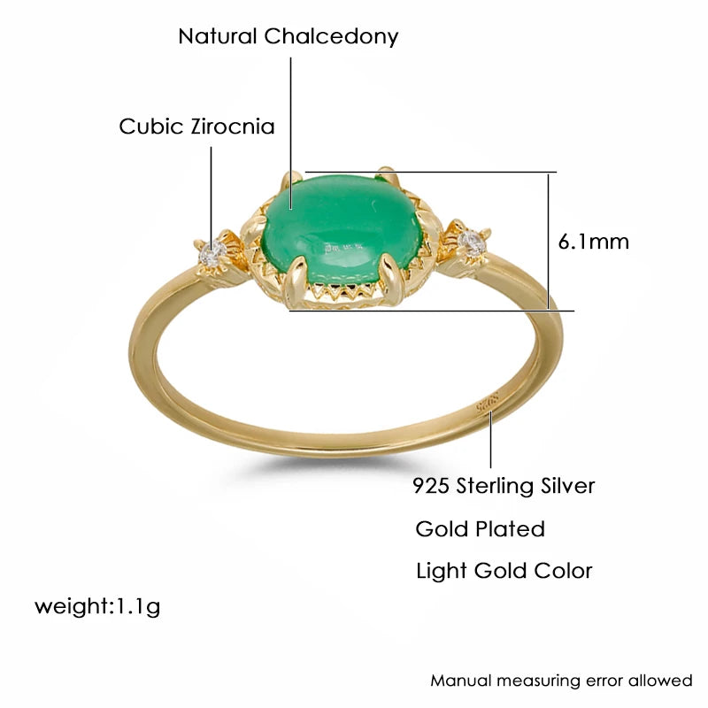 Green chalcedony oval ring showing stone and ring dimensions