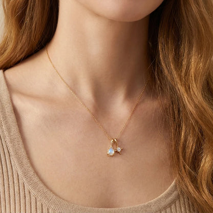 Natural moonstone double pendant necklace worn on a woman