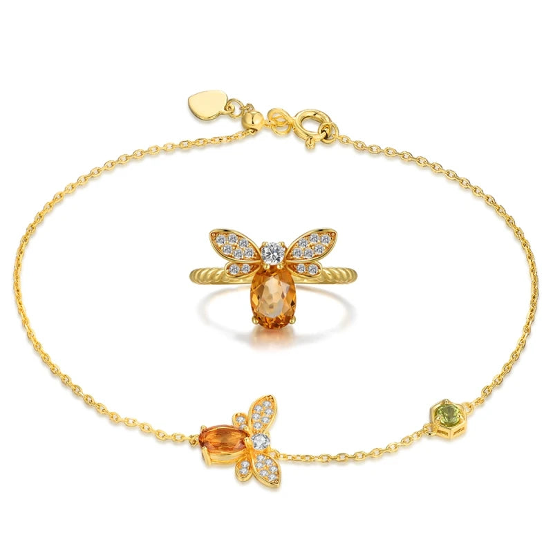 Full Bee Citrine Jewelry Set in 14K Gold-Plated Silver for Women