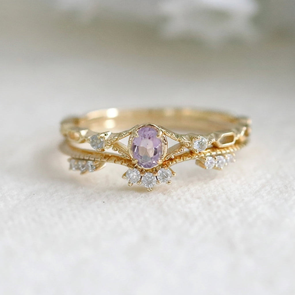 natural amethyst ring with gold plated carved setting