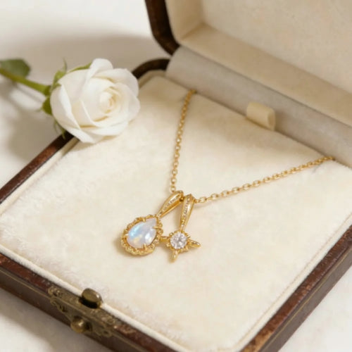 Natural moonstone double pendant necklace in 14K gold plated 925 sterling silver