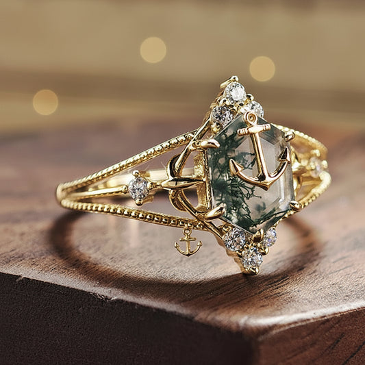 Natural moss agate ring in 14K gold plated 925 sterling silver