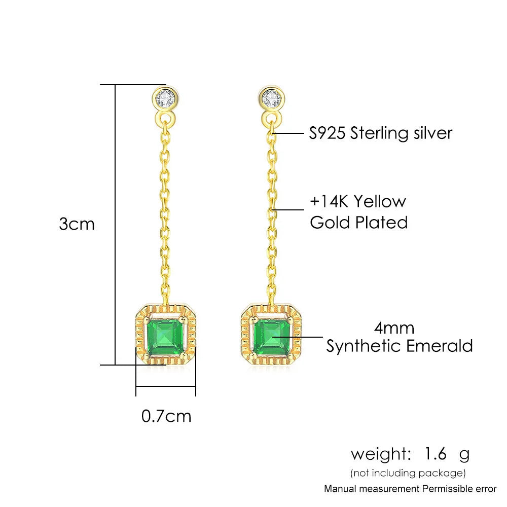 Specification of Emerald drop earrings with geometric princess cut stones in gold plated 925 silver