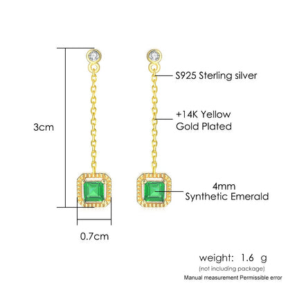 Specification of Emerald drop earrings with geometric princess cut stones in gold plated 925 silver