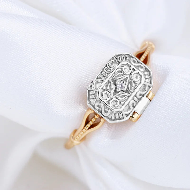 gold vermeil rectangular vintage ring with carved silver design