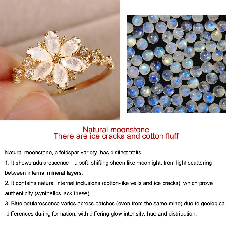 Gold ring with moonstone and close-up of moonstones with text about natural moonstones.