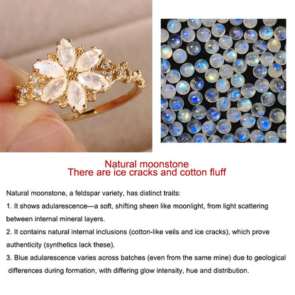 Gold ring with moonstone and close-up of moonstones with text about natural moonstones.