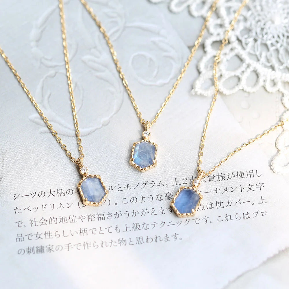 Natural moonstone necklaces with blue gemstone accents in 14K gold plated silver