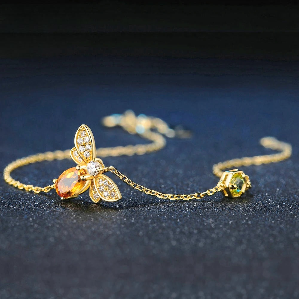 Citrine Bee Bracelet with Natural Oval Citrine in 14K Gold-Plated 925 Silver