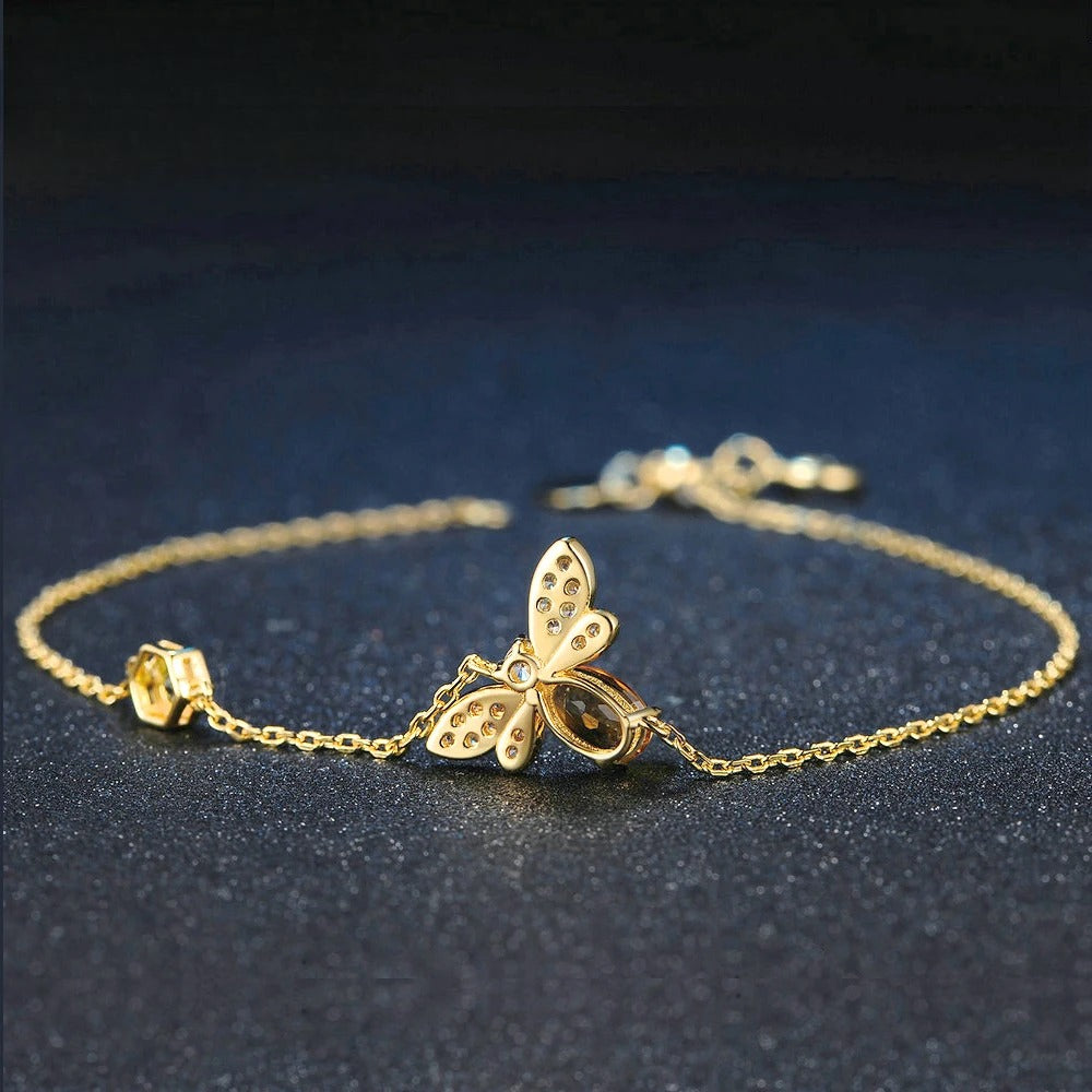 Close-Up of Citrine Bee Bracelet with Adjustable Chain in Gold-Plated Silver